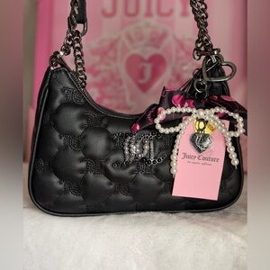 JUICY COUTURE BLACK LIQOURICE TIE THE KNOT CROSSBODY PEARL BOW RHINESTONE CHARM
